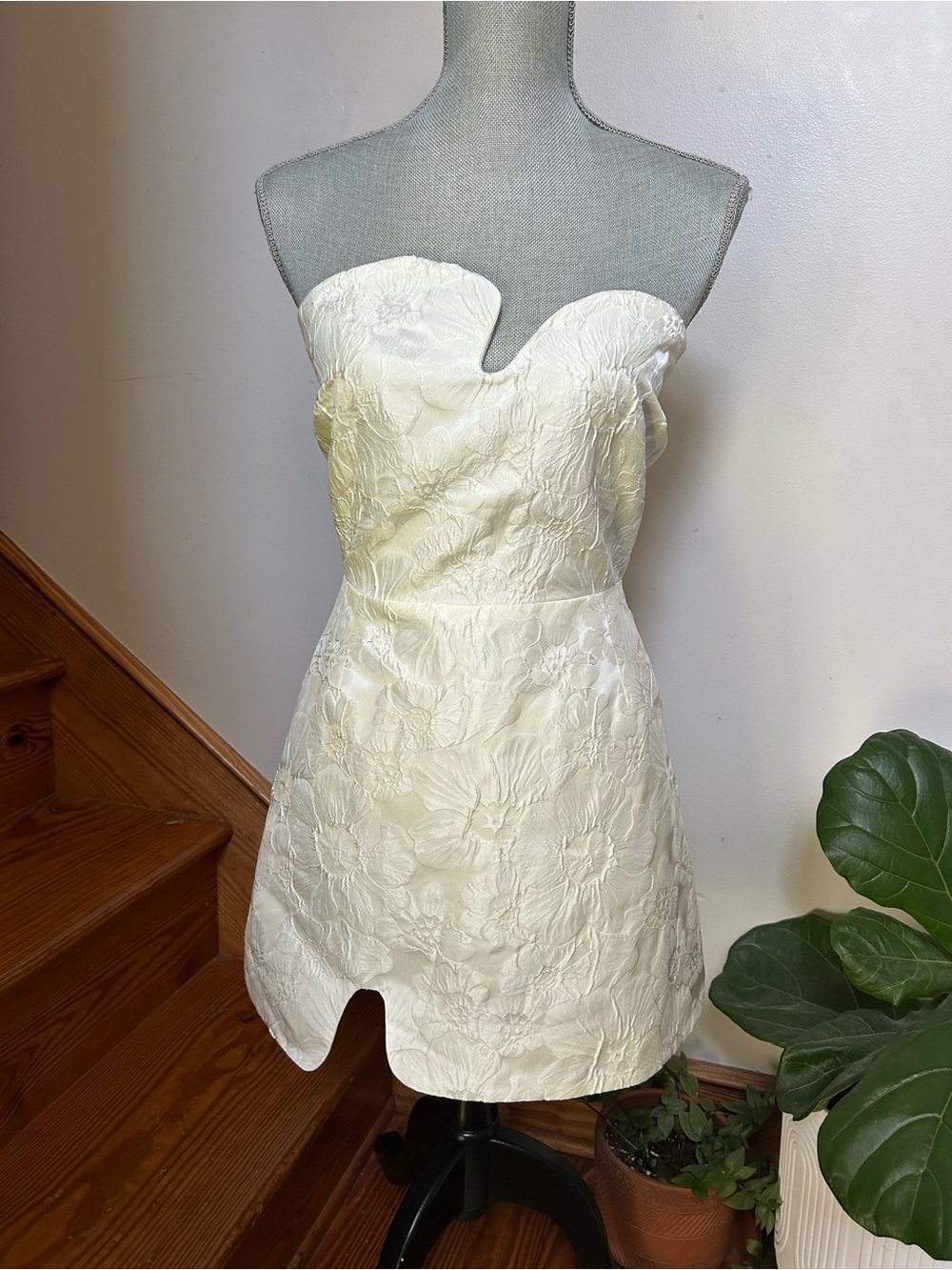 Strapless Cream Floral Jacquard Mini Dress